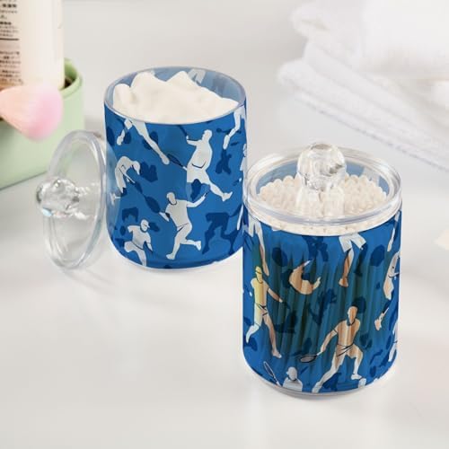 Fustylead 4 Pack Blue Tennis Player Silhouette Qtip Holder Dispensers, Bathroom Storage Canister Plastic Apothecary Jar Set for Cotton Swabs, Ball, Pads, Floss - Image 4