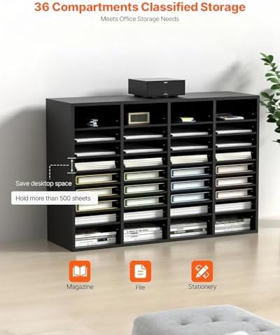 VEVOR Wood Literature Organizer, 36 Compartments, Mailboxes Slot with Removable Shelves, File Sorter for Office, Home, Classroom, or Mailrooms Organization, Black - Image 4