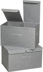 2 Pack Large Storage Boxes with Lids and Handles, Collapsible Linen Storage Bins Organizer Containers Baskets Cube with Removable Divider for Home Bedroom Closet Office (Grey, XL) by Unknown