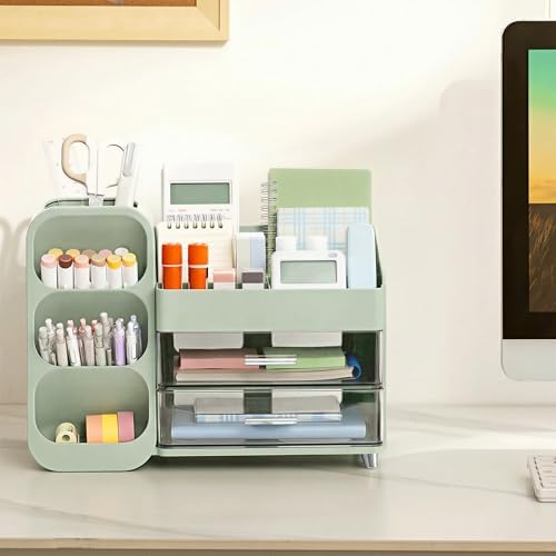 HBlife Desk Organizer with Pen Pencil Holder for Desk, Pen Organizer with 2 Drawers, Desk Organizers and Accessories with 4 Compartments, Desktop Storage for Office Home School Art Supplies, Green - Image 3