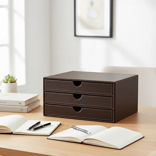 UnionBasic Leather Desktop Drawer Organizer, File Cabinet Magazine Document Holder, Office Supplies Desk Storage Organizer Box, 3 Drawer, Coffee - Image 6