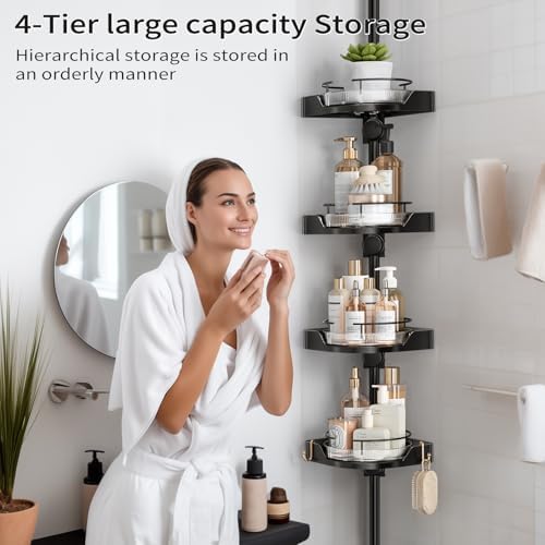 YCIA&DONE 360° Rotating Corner Shower Caddy Tension Pole, 4 Tiers Shower Organizer for Bathroom Shelf Bathtub, Adjustable Standing Shower Rack, Easily Assemble, 34-124 Inch Height, Black - Image 4