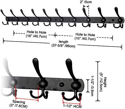 Dseap Coat Rack Wall Mount - 38” Long 10-Tri-Hooks Heavy Duty Coat Hanger Rail Wall Hooks for Hanging Coats Hats Clothing Clothes Purse Mudroom Entryway, Black - Image 2