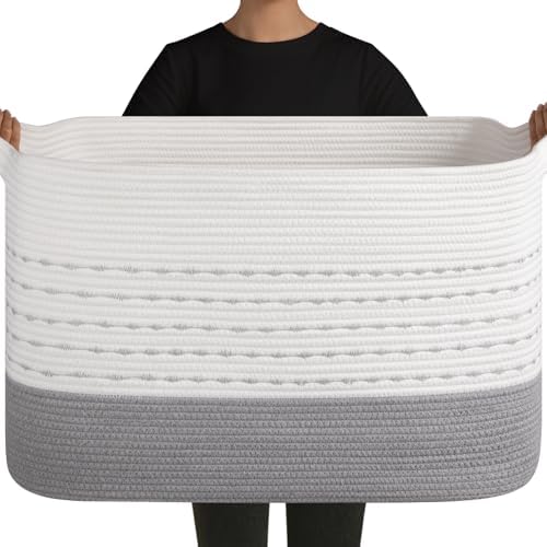 OIAHOMY 108L Extra Large Blanket Basket, 25”x16”x16” Rectangle Woven Cotton Rope Baskets for Living Room, Toy Storage with Handle- Gradient Grey by MasterofSpaceOptimization
