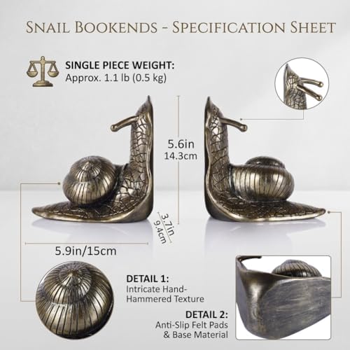 Snail Bookends, Vintage Bronze Resin Decorative Bookends for Shelves - Image 2