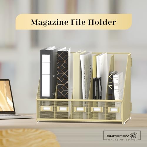 SUPEASY Desk Organizers Metal Desk Magazine File Holder with 5 Vertical Compartments Rack File Organizer for Office Desktop, Classroom, Home Workspace, Golden Yellow, Plus - Image 2