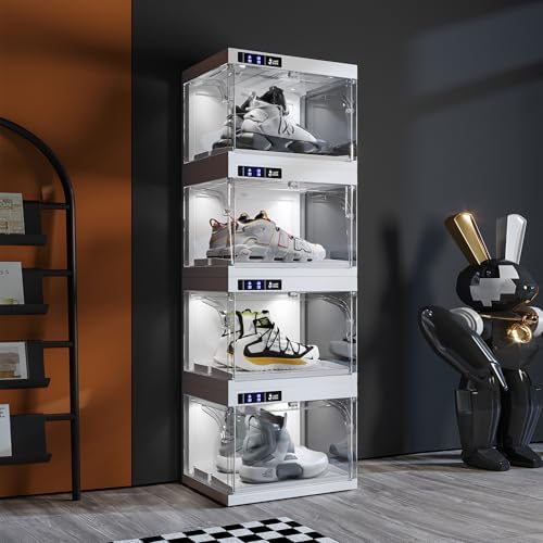ANTBOX Shoe Organizer LED Smart Control,Auto-Shoe Boxes Clear Plastic Stackable for Sneaker Display Case and Collection Crate,Auto-Opening Shoe Storage Box (4pack) White by ANTBOX