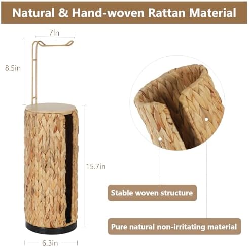 Freestanding Toilet Paper Holder with Storage,3 Rolls of Tissue Holder for Bathroom,Handmade Woven Toilet Paper Roll Holder Stand,Water Hyacinth Boho Bathroom Decor Farmhouse Toilet Paper Storage - Image 2