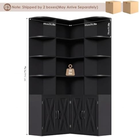FINETONES 74" Tall Corner Bookshelf, Black Bookshelf with Doors - Image 2