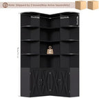 FINETONES 74" Tall Corner Bookshelf, Black Bookshelf with Doors - Image 2
