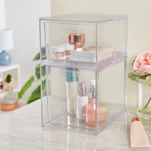 STORi Audrey Stackable Clear Bin Plastic Organizer Drawers | 2 Piece Set | Organize Cosmetics and Beauty Supplies on a Vanity | Made in USA - Image 2