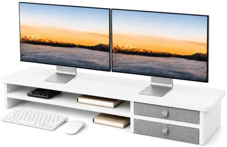 Dual Monitor Stand, 42.5 Inch Wood Monitor Riser with Drawers, 2 Tier Desktop Organizer for Computer Laptop TV, Large Screen Stand for Home Office Desk by ExaDesk