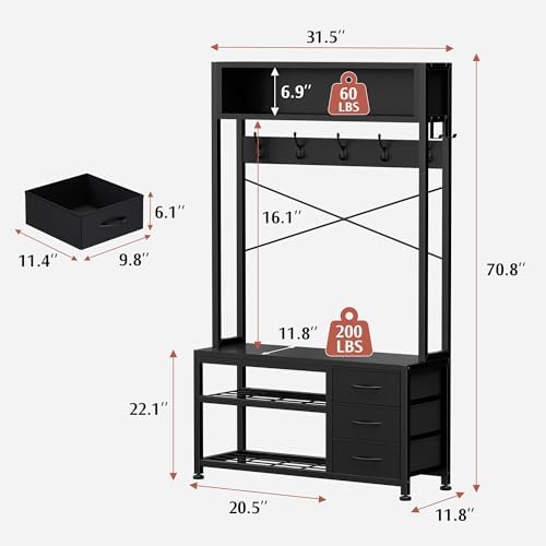 Hall Tree with Bench & 3 Drawers Storage 31.5" Coat Rack Entryway Organizer - Image 4