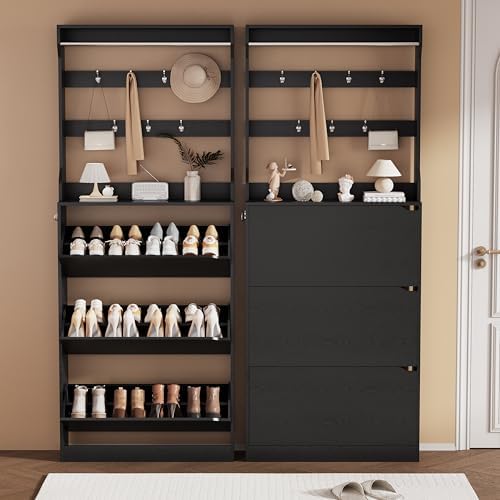 Black Hidden Shoe Cabinet with 3 Flip Drawers & Coat Rack, Entryway - Image 3