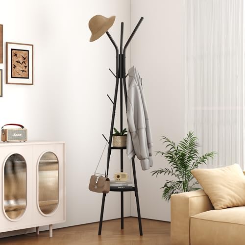 HOMEFORT Coat Rack, Coat Hanger Stand with 2 Shelves, Freestanding Hall Tree, Metal Hat Hanger with 12 Hooks for Clothes Hats and Scarves (Black) - Image 3