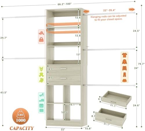 Besiost Closet System, 4-8 FT Closet Organizer Tower with 2 Wooden Drawers and Shelves, Can Fit 60 to 96 inch Walk-in Closet System with 5 Hang Rods, Built-in, Greige Oak - Image 3