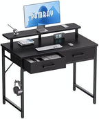Pamray 32 Inch Small Computer Desk with Monitor Stand and 2 Drawers by PAMRAY