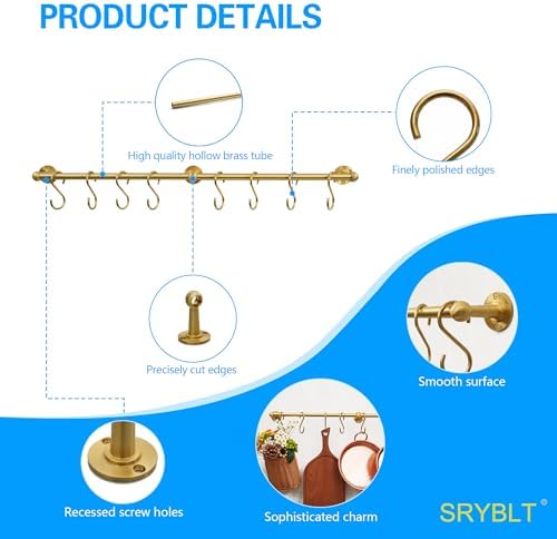 31 Inch Brass Pot Rack Wall Mounted, Kitchen Rail with Hooks for Pots, Pans, Mugs and Utensils, Segmented Wall Hanging Rack, Includes 8 S-Hooks - Image 3