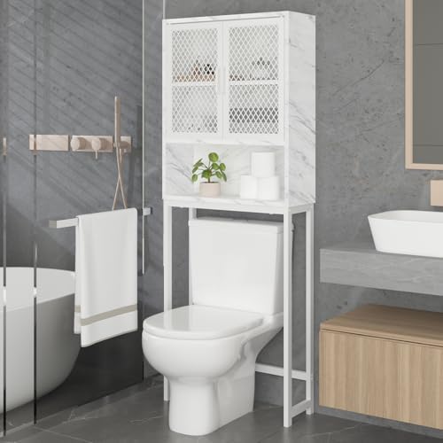 Launica 65 Inch Over The Toilet Storage Cabinet Wood and Metal White Marble by LAUNICA