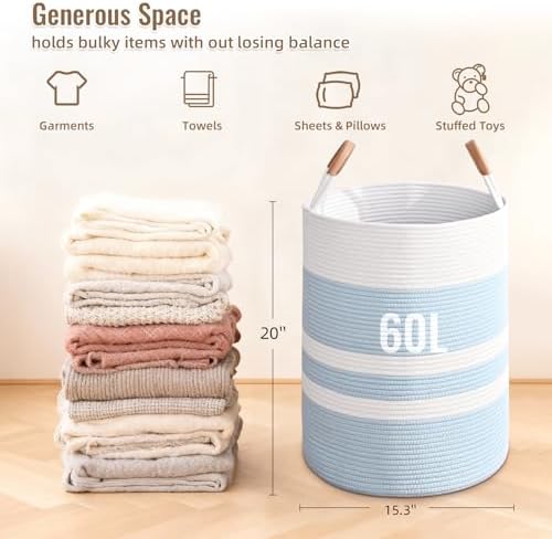 Large Laundry Basket, Laundry Hamper with Leather Handles, 60L Woven Dirty Clothes Hamper, Rope Hampers for Bedroom, Barthroom, Blue - Image 4