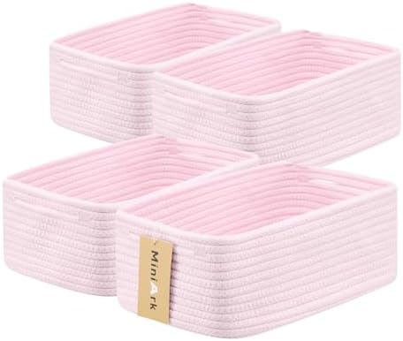 MiniArk Small Storage Baskets for Organizing | Closet Organizer Bins | Shelf Toy Basket | Woven Rope Baskets | Cube Decorative Box | Shallow Basket | 13x8.5x5.1” | 4 Packs Light Pink by MiniArkStorageBasketsHome