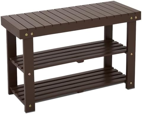 BEEFURNI Acacia Wooden Shoe Rack Bench for Entryway, 3-Tier, Brown by BEEFURNI