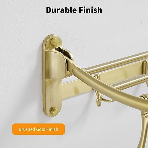BESy Towel Racks with Foldable Towel Bar Hooks, Wall Mounted Brushed Gold - Image 3