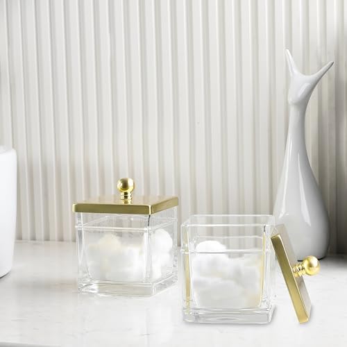 Glass Cotton Jar Holder 2 Pack– Brushed Gold Lid, Elegant Bathroom Storage Canister for Qtips, Cotton Balls, Floss, Makeup Organizer, Vanity & Bathroom Organization - Image 3