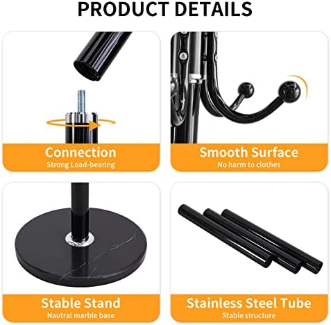 ZOZOE Metal Coat Rack Stand, Modern Coat Rack Freestanding with Natural Marble Base, 360° Rotary Design Coat Racks with 14 Hooks, Black Coat Tree Hanger Stand for Bags, Hats, Entryway, Office - Image 3