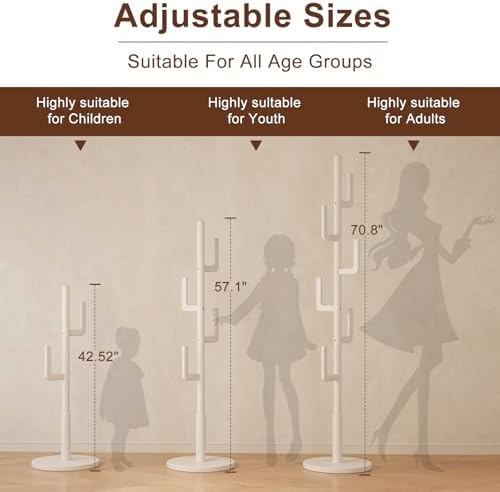 Muwuele Solid Wood Cactus Coat Rack, Freestanding Coat Rack With 6 L-Shaped Hooks and 3 Adjustable Sizes, Coat Tree for Bedroom, Entryway, Livingroom, Coat Hanger Stand for Coats, Handbags (White) - Image 3