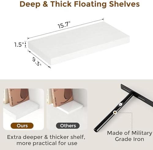 Fun Memories 16 Inch Long Floating Shelves in White, 9.3 Inch Deep Floating Shelf for Wall, Living Room, Kitchen, Rustic Deep Wood Shelves for Bathroom, 2 Pack Storage Display Shelf for Books, Decor - Image 3