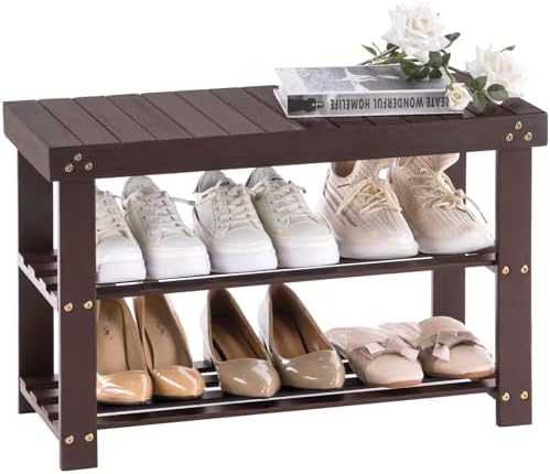 Apicizon Bamboo Shoe Rack Bench, 3-Tier Entryway Organizer, Brown by APICIZON