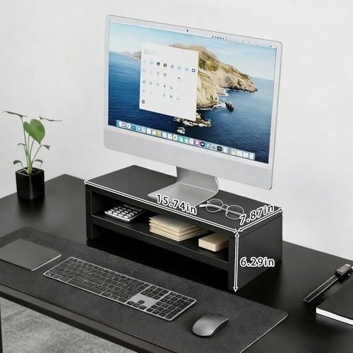 Wooden Monitor Stand Riser, 2-Tier Desk Shelf with Storage Organizer, Ergonomic Computer Stand, Storage Organizer for Laptop, Computer, Black, 15.7 Inch - Image 2