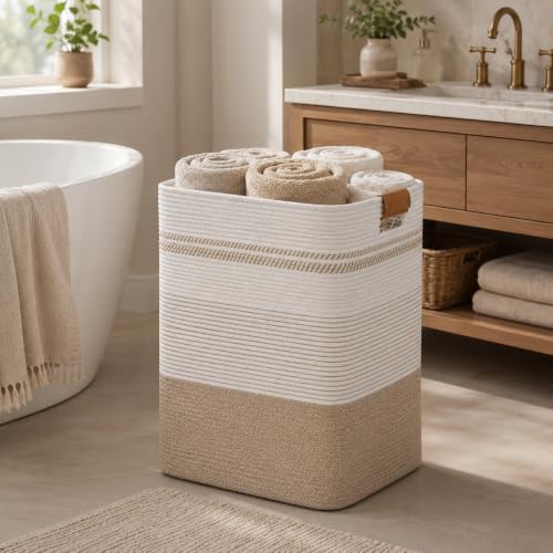 Laundry Hamper, Cotton Rope Laundry Basket with Leather Handles, 22.5-Gallon/85 L Large Clothes Hampers for Laundry, Woven Laundry Baskets for Blankets, Clothing, Bedroom, Living Room, Nursery - Image 6
