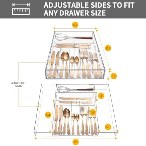 Clear Acrylic Drawer Organizer for Kitchen Utensils and Flatware, Adjustable Silverware Tray with 9 Compartments for Drawers, Office, and Bathroom Storage - Image 6