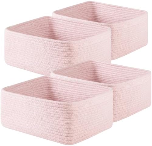 OIAHOMY 4 Pack 14.17 * 11.02 * 6.3IN Storage Baskets for Organizing Shelves, Woven Rope Baskets for Organizing Books, Clothes, Decorative Basket for Living Room, Nursery, Bedroom, Gift Basket, Pink by MasterofSpaceOptimization