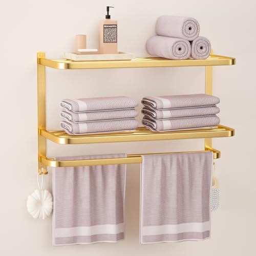 23 Inch 3-Tier Gold Towel Racks for Bathroom with Towel Bars Multilayer Hotel Towel Shelf Stainless Steel Wall-Mounted Brushed Finish Holder with Towel Shelves by DDS-DUDES
