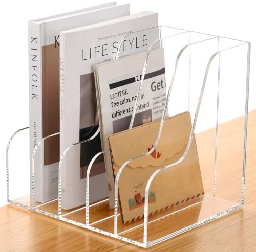 SANRUI Acrylic Desk Organizers, Clear Magazine File Holder, 5 Vertical Compartments A4 Folder Binder Holders Sorter, Office Desktop Workspace Organization Storage Rack for Office Home School by SANRUI