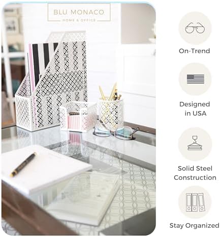 BLU MONACO | White Desk Organizer Set 6 Piece | Mail Sorter Organizer Countertop with Letter Sorter for Desk | Standing File Organizer for Desk with Pen Holders - Image 4