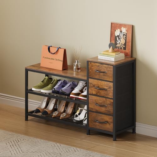 EXOTICA Industrial Shoe Storage Bench with 4 Drawers & Seat, Rustic Brown - Image 3