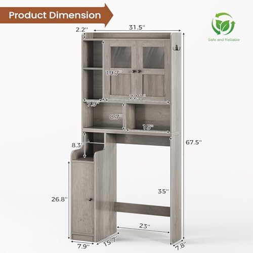 Itaar Over The Toilet Storage Cabinet, Over Toilet Bathroom Organizer with Glass Doors & Toilet Paper Holder Stand, Home Space-Saving Toilet Rack, for Bathroom, Restroom, Laundry, Grey - Image 2