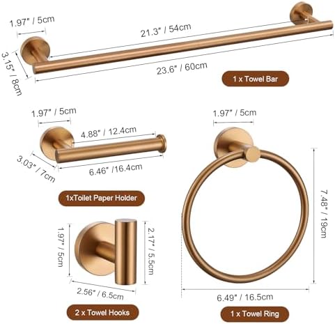 TURS Brushed Rose Gold 5 Piece Bathroom Hardware Set, SUS304 Stainless Steel 23.6 Inch Bath Towel Bar Set, Round Bathroom Accessories Kit Wall Mounted - Image 7