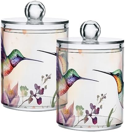 Vnurnrn Qtip Cotton Ball Holder Dispenser with Lid Watercolor Hummingbirds Print, Plastic Jars Bathroom Canisters Storage Organizer 4 Pack by Unknown