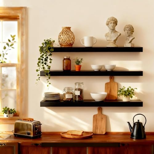 ROGMARS Black Wooden Floating Shelves for Wall 36 Inches Long by 100RealSolidWood