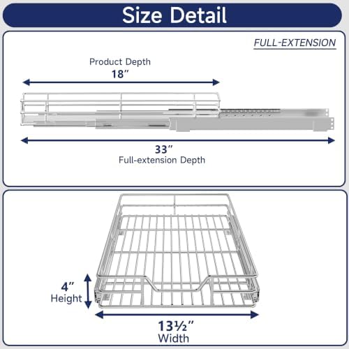 Pull Out Cabinet Organizer, 13.5" W x 18" D, Heavy Duty Chrome Slide Out Shelf for Base Cabinets, Sliding Wire Basket Drawer for Pantry Items, Bowls, Containers & Cleaning Supplies - Image 2
