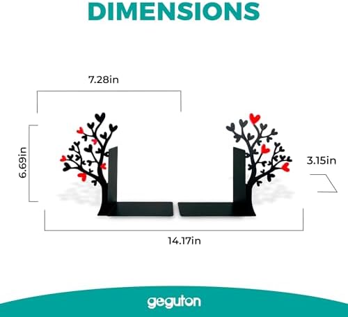 Tree Bookends with Heart-Shaped Leaves - Steel with Epoxy Coating and Wood Base - Decorative Pair of Book Holders for Shelves and Desk - Black with Red Accents – Geguton - Image 2