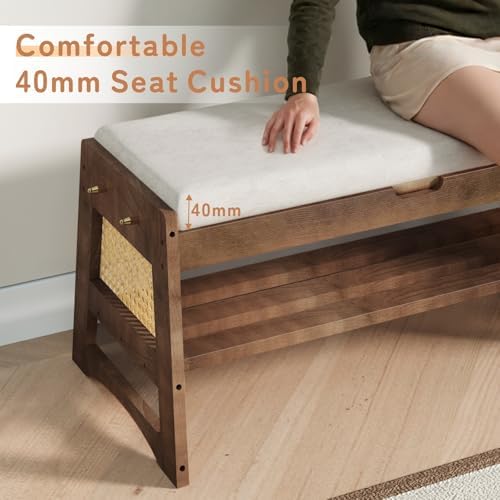 Shoe Rack Bench with Flip-Top Storage, 35.4" W x 15.7" H Solid Wood Entryway Bench Shoe Organizer with Cushion Side Hooks for Front Door Entrance Hallway Foyer Closet Living Room Bedroom - Image 5