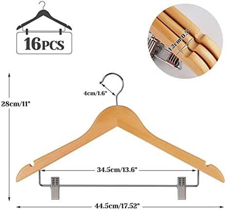 HOUÍSM Wooden Hangers with Clips 16 Pack, Suit & Pants Hangers, Natural - Image 2