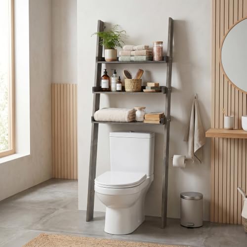 MyGift Over The Toilet Storage Ladder Shelf, 3 Tier Wood Bathroom Organizer, Above The Storage Shelves Leaning Rack Stand Gray - Image 4