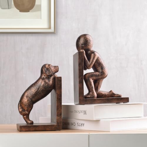 Decorative Bookends for Shelves, Human & Dog Antique Copper Resin Book Ends - Image 5